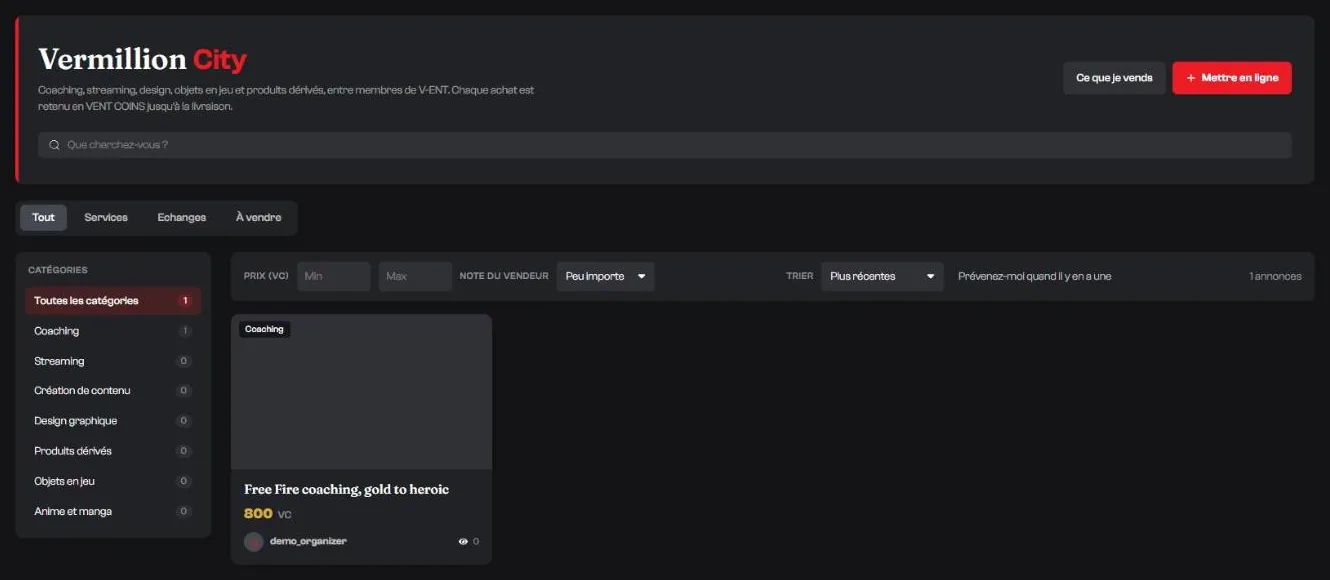 The Vermillion City listings page, as built